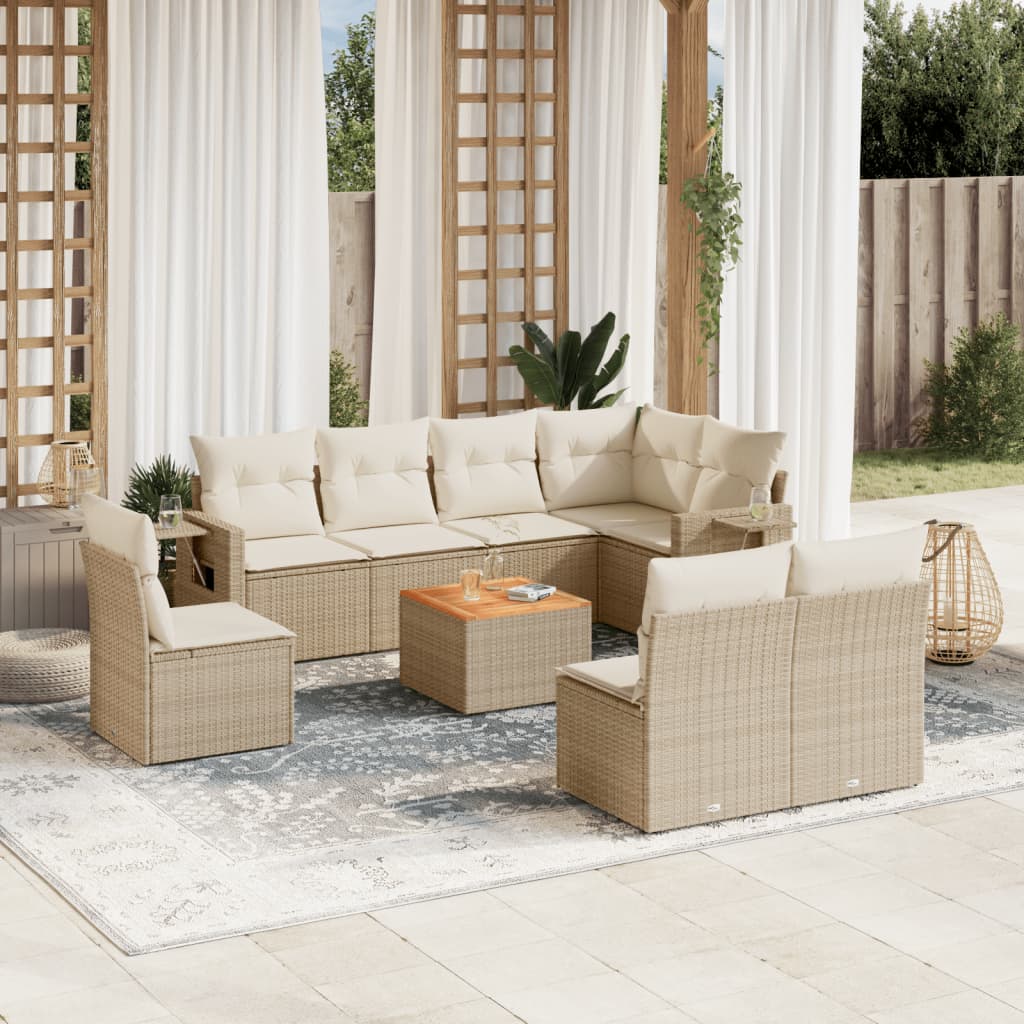 Salon de jardin avec coussins 9 pcs beige résine tressée