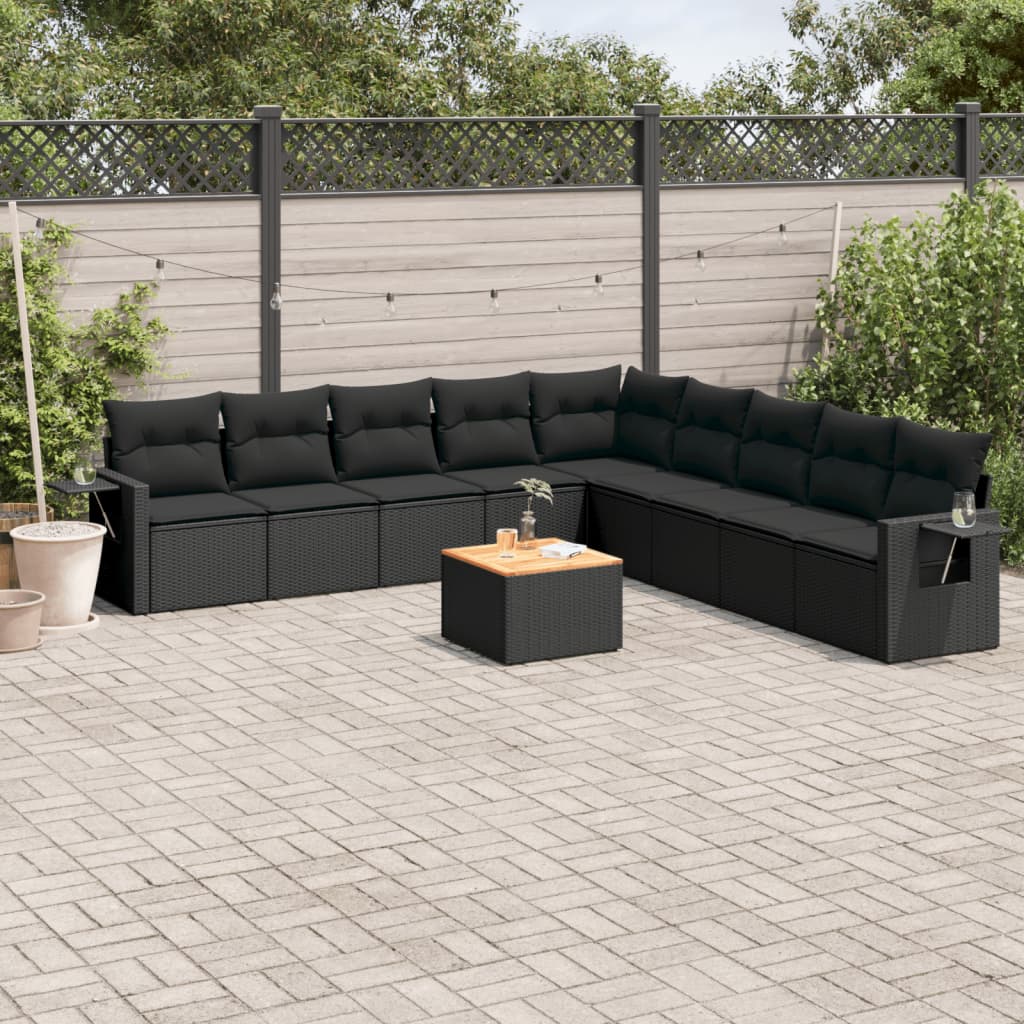 Salon de jardin 10 pcs avec coussins noir résine tressée