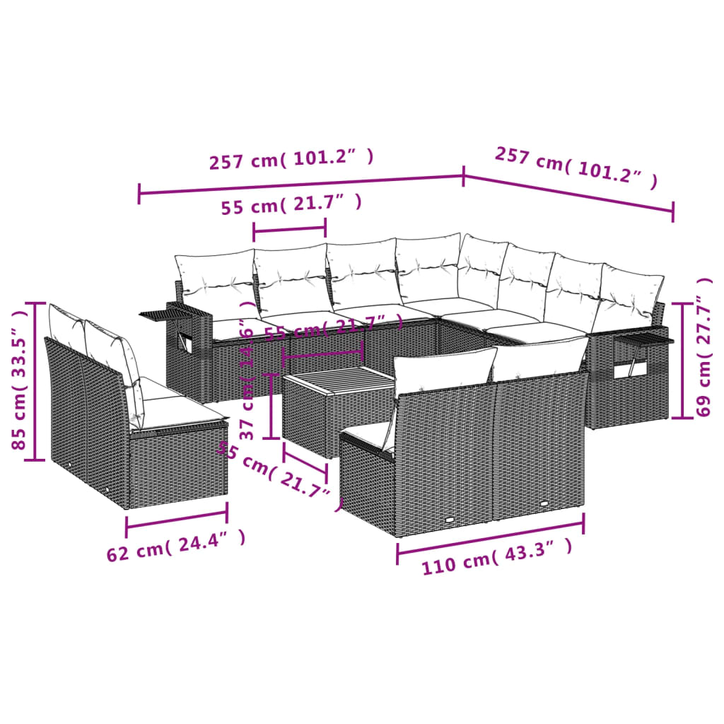 Salon de jardin avec coussins 12 pcs beige résine tressée