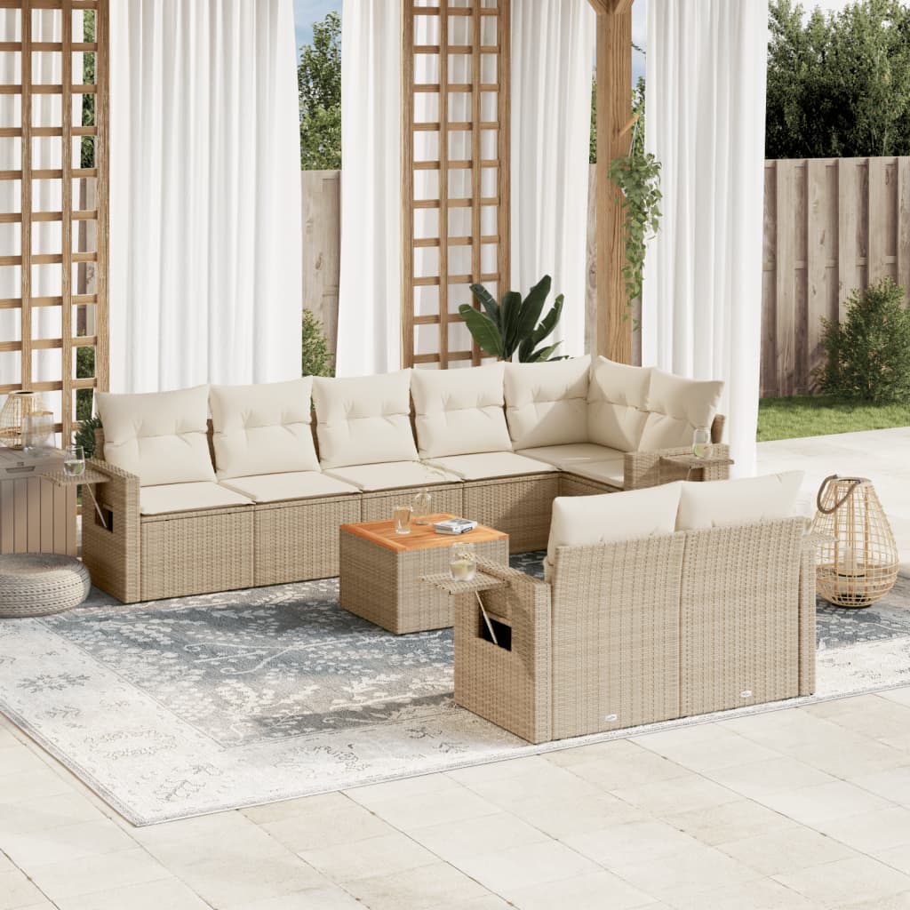 Garden furniture set with cushions 9 pcs beige woven resin