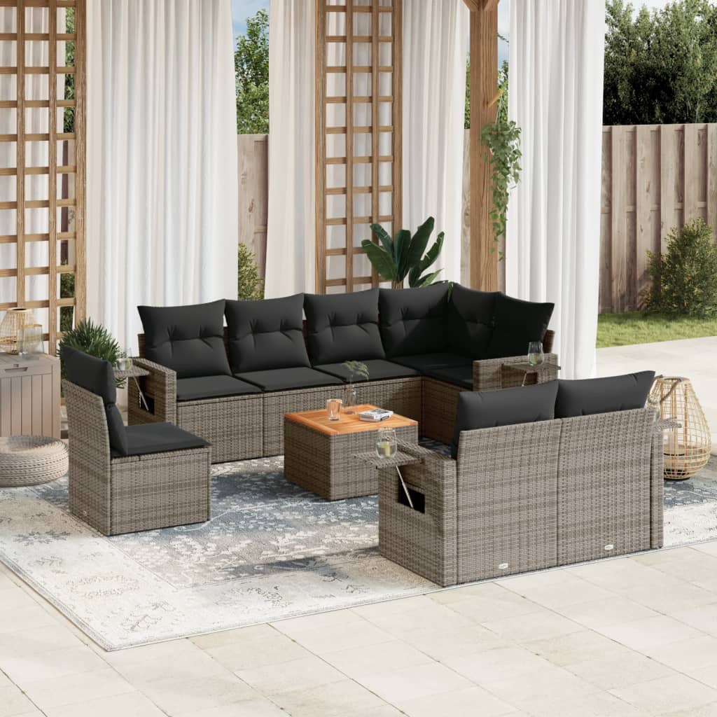 Salon de jardin 9 pcs avec coussins gris résine tressée