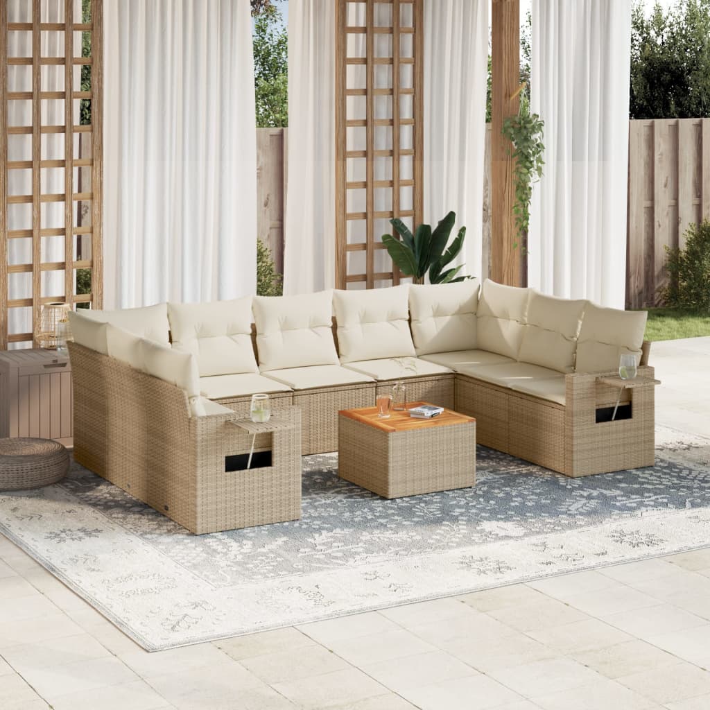 Garden furniture set with cushions 10 pcs beige woven resin