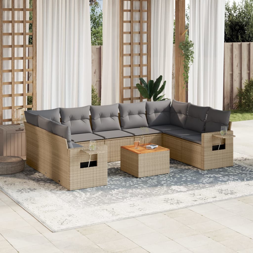 Salon de jardin avec coussins 10 pcs beige résine tressée