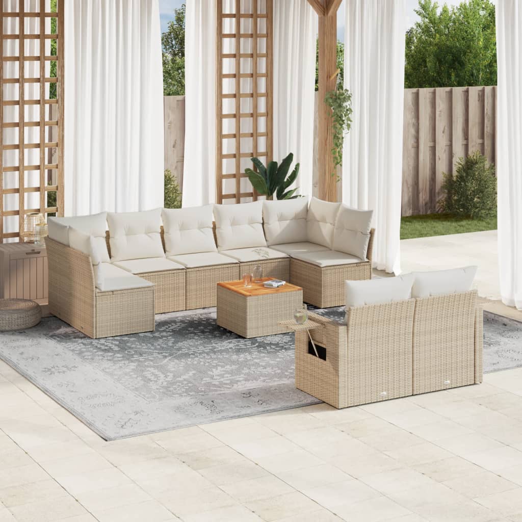 Salon de jardin avec coussins 10 pcs beige résine tressée