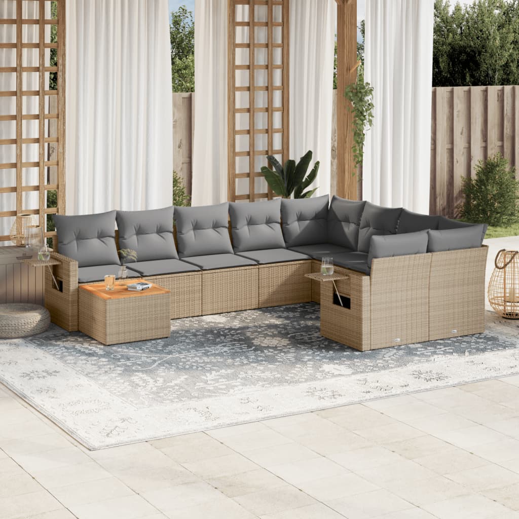 Salon de jardin avec coussins 10 pcs beige résine tressée