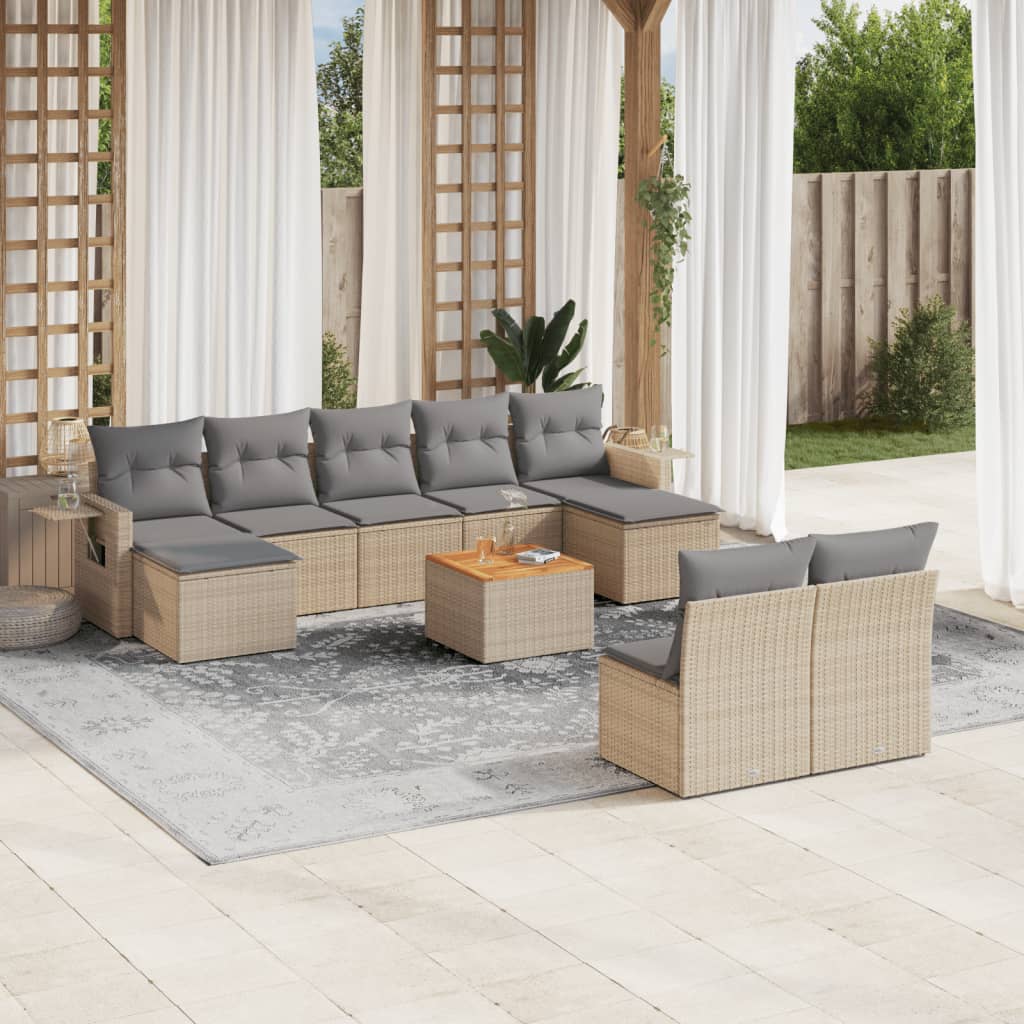 Salon de jardin avec coussins 10 pcs beige résine tressée