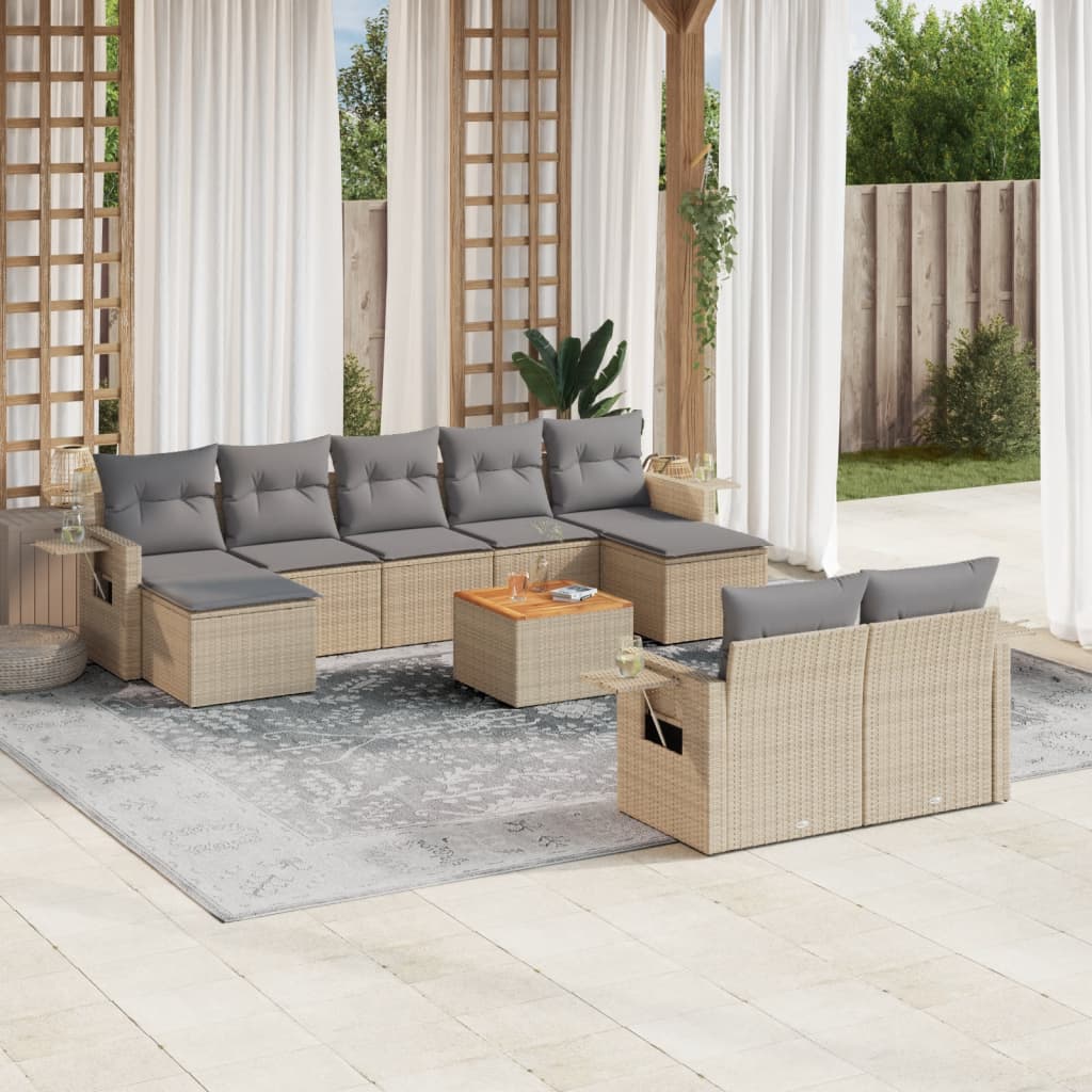 Salon de jardin avec coussins 10 pcs beige résine tressée