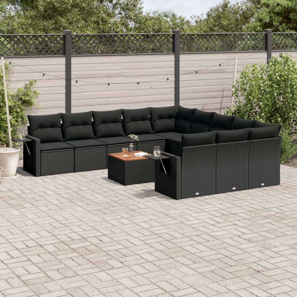 Salon de jardin 12 pcs avec coussins noir résine tressée