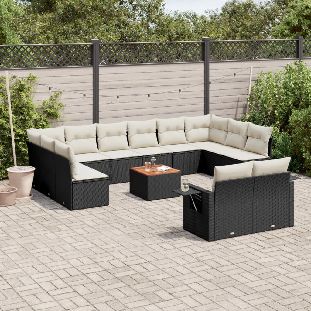 Salon de jardin avec coussins 13 pcs noir résine tressée