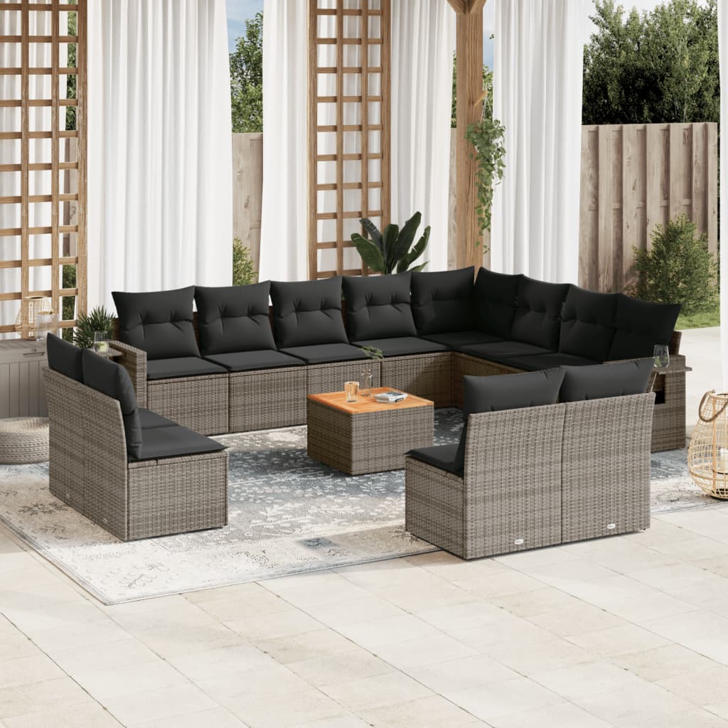 Salon de jardin avec coussins 13 pcs gris résine tressée