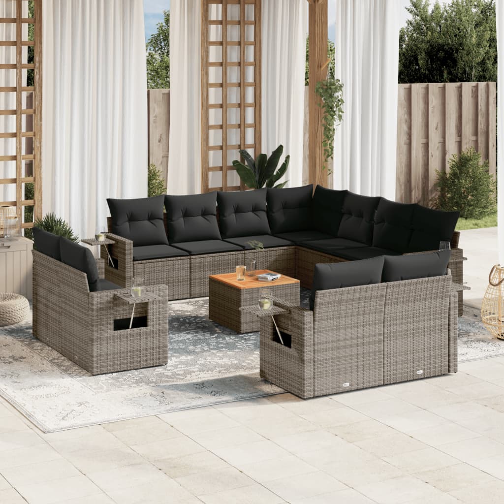 Salon de jardin avec coussins 12 pcs gris résine tressée