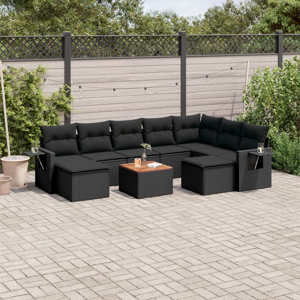 Salon de jardin 10 pcs avec coussins noir résine tressée