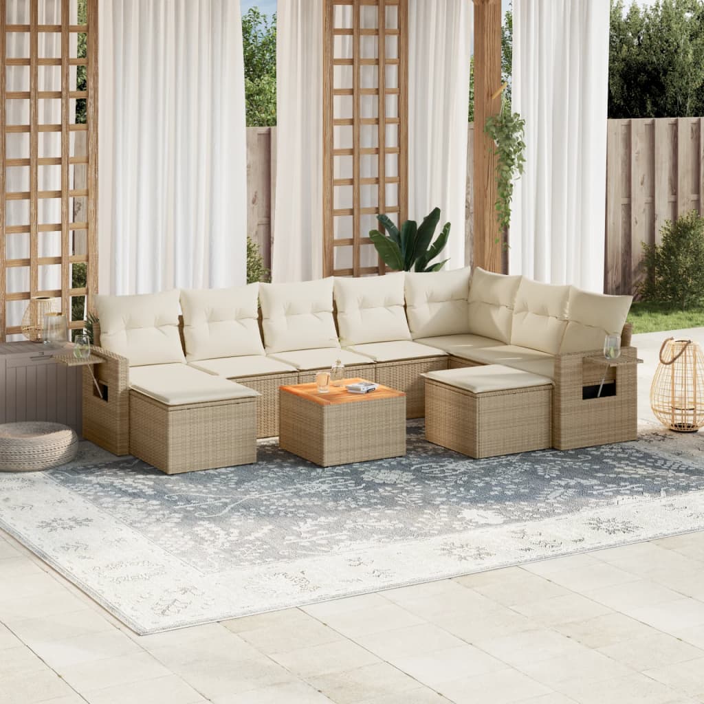 Salon de jardin avec coussins 10 pcs beige résine tressée