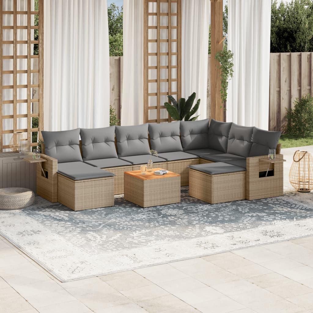 Salon de jardin avec coussins 10 pcs beige résine tressée