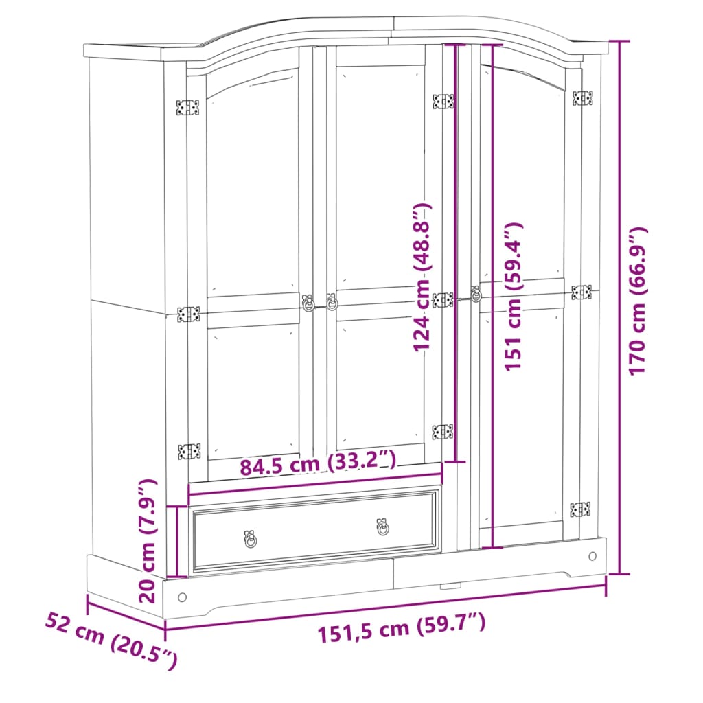 Garde-robe Corona 151,5x52x170 cm bois de pin massif