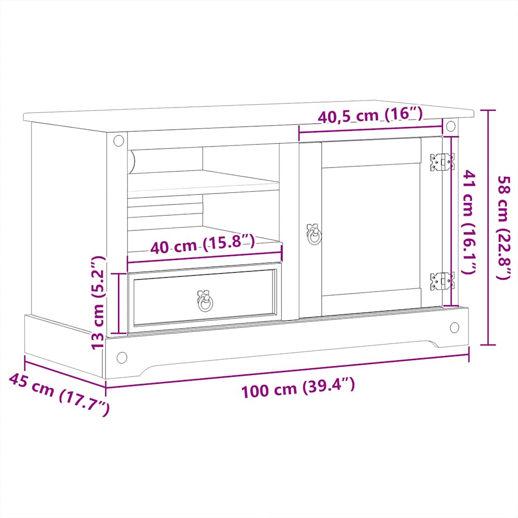 Meuble TV Corona 100x45x58 cm bois de pin massif