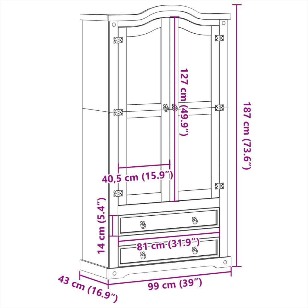 Vitrine en verre Corona 99x43x187 cm bois massif de pin