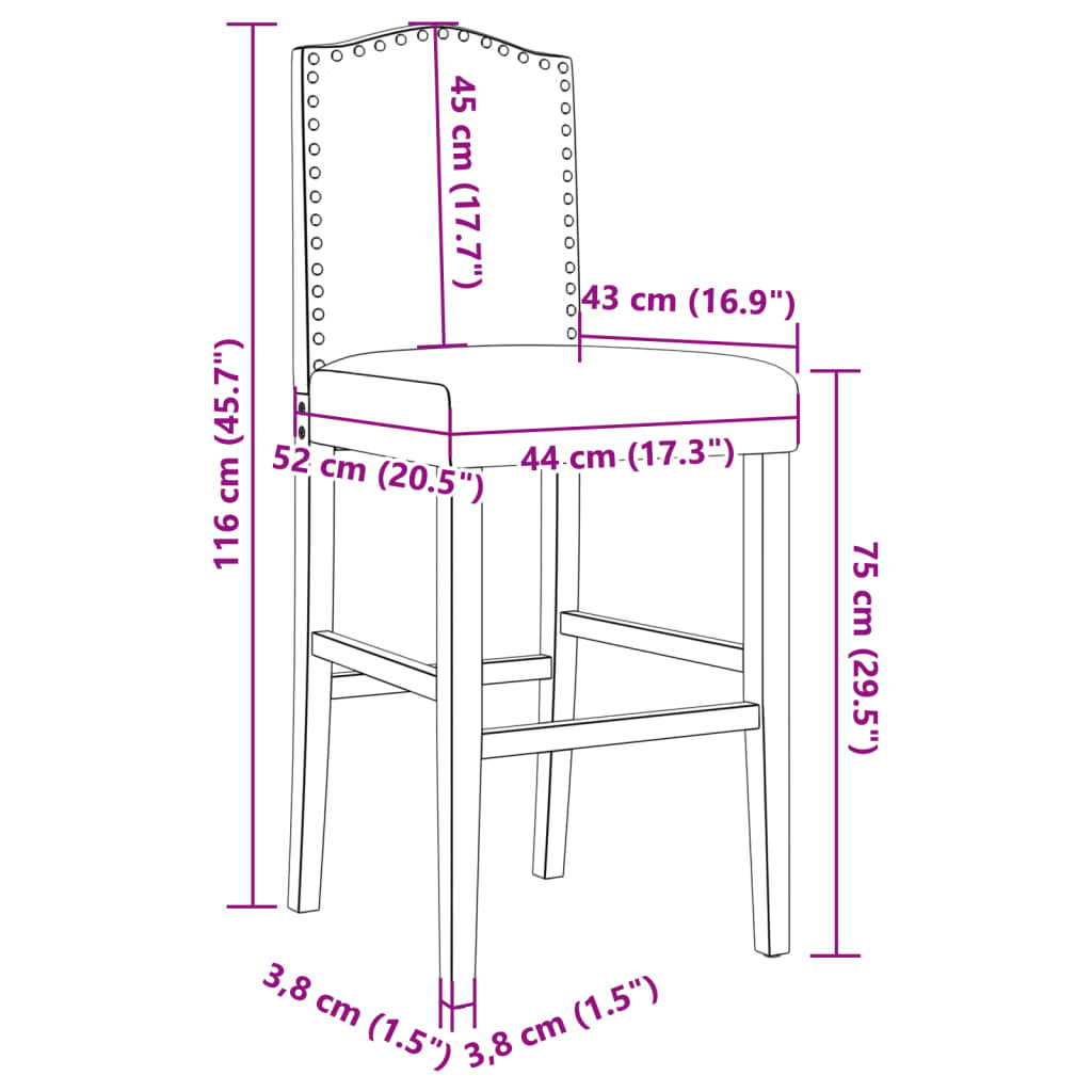 Bar chairs set of 2 solid rubberwood and fabric