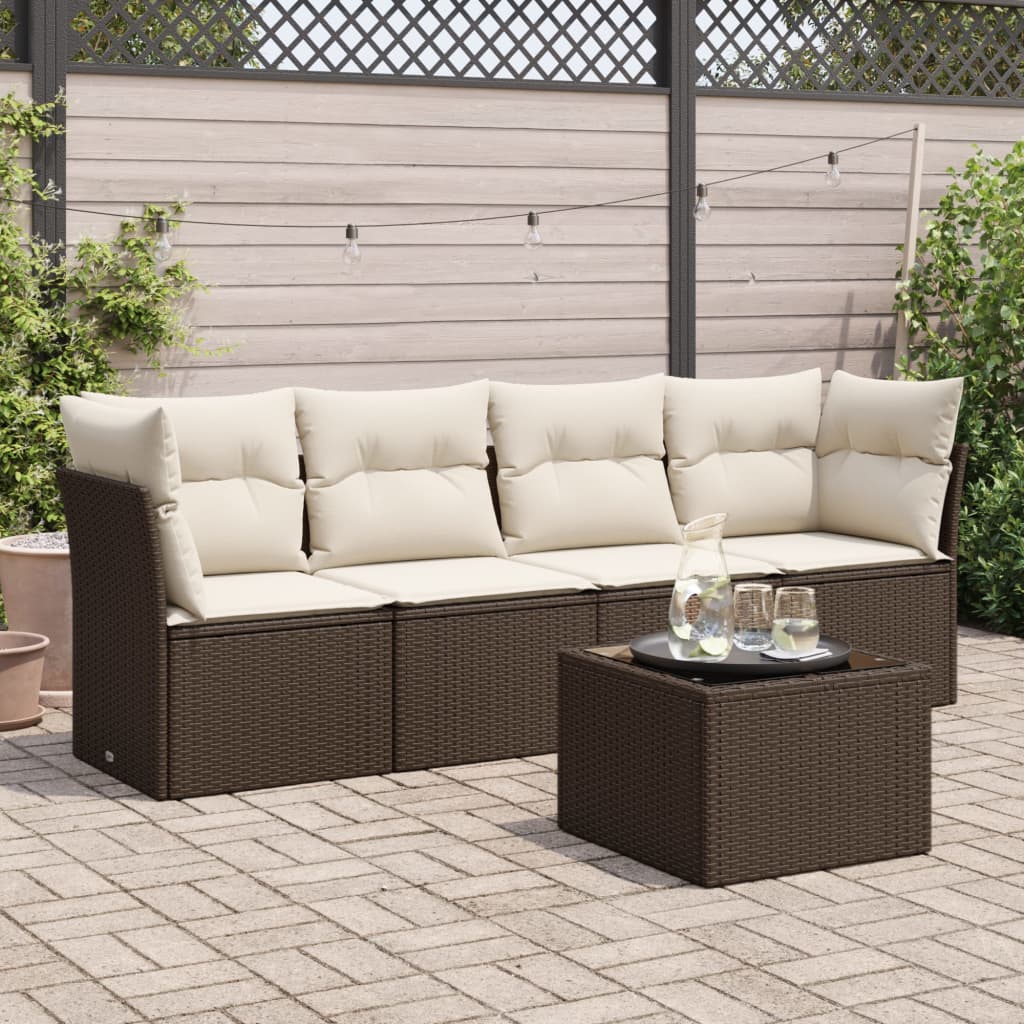 Garden furniture set with cushions 5 pcs brown woven resin