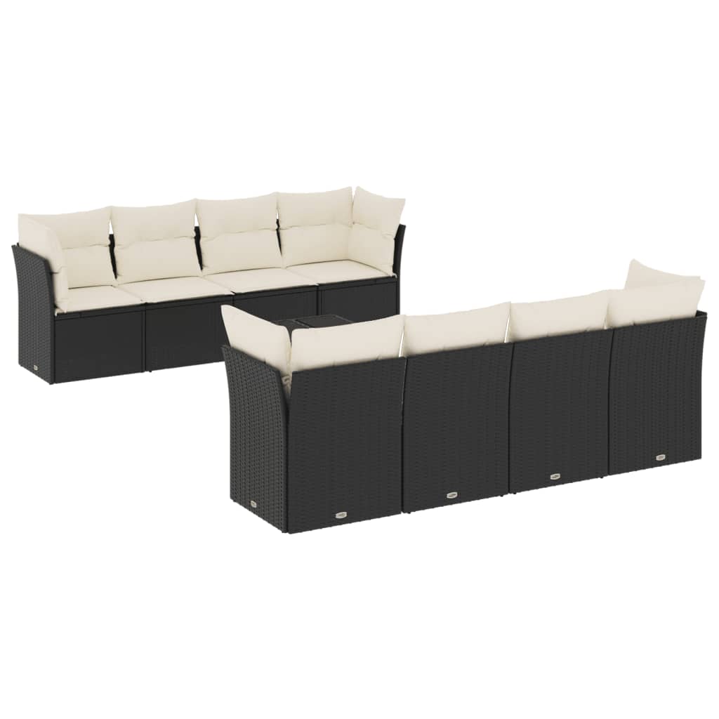 9-piece garden furniture set with black cushions in woven resin