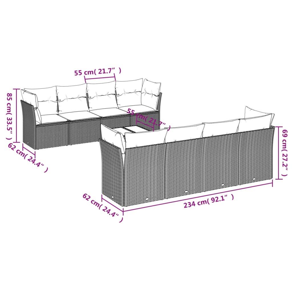 9-piece garden furniture set with black cushions in woven resin