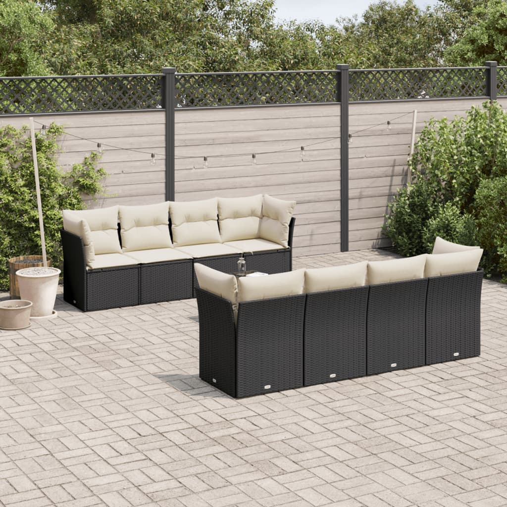 9-piece garden furniture set with black cushions in woven resin