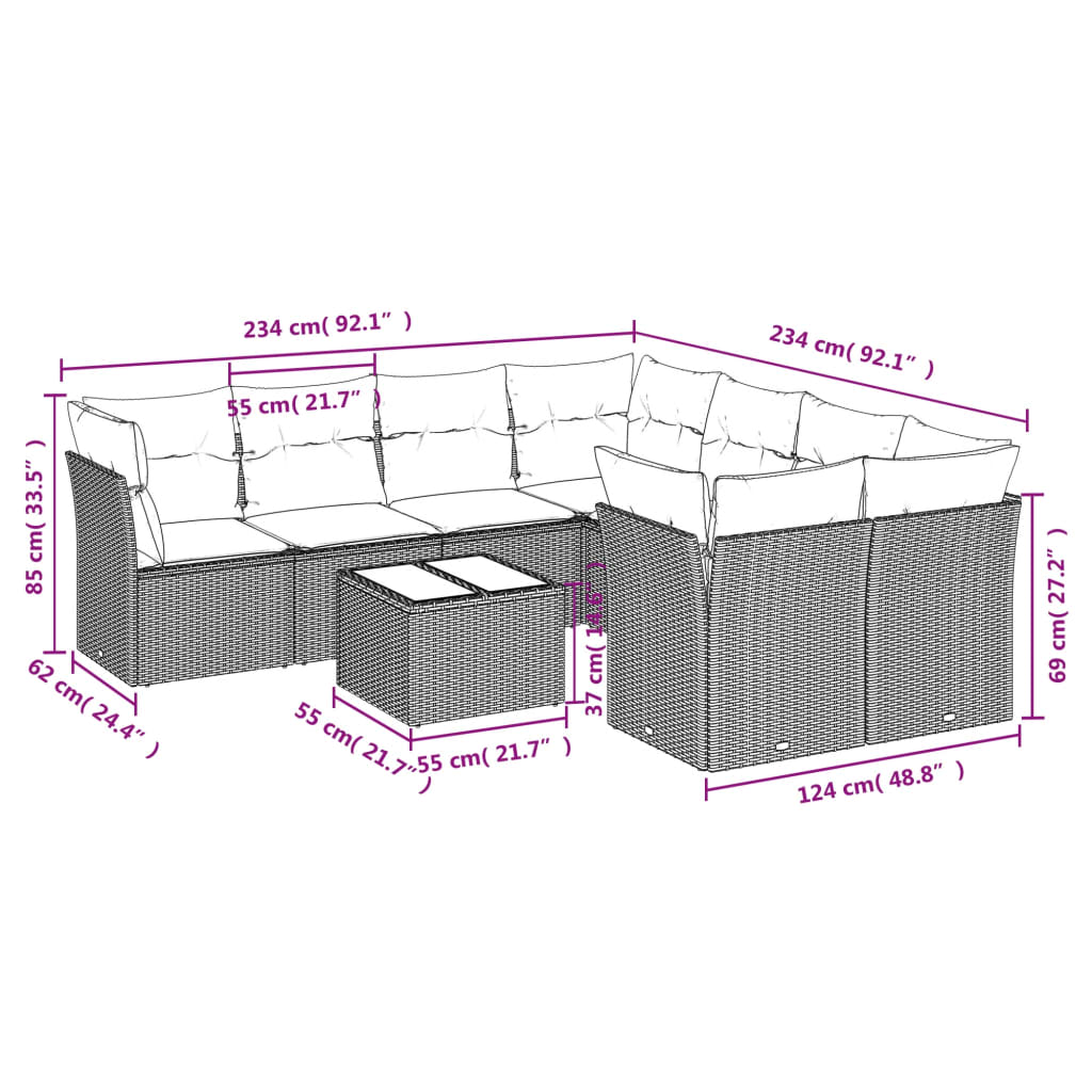 9-piece garden furniture set with grey cushions in woven resin