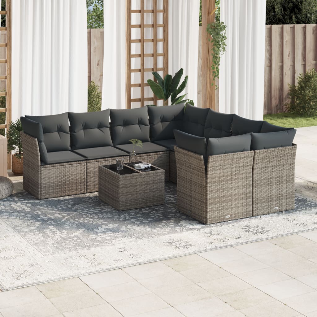 9-piece garden furniture set with grey cushions in woven resin