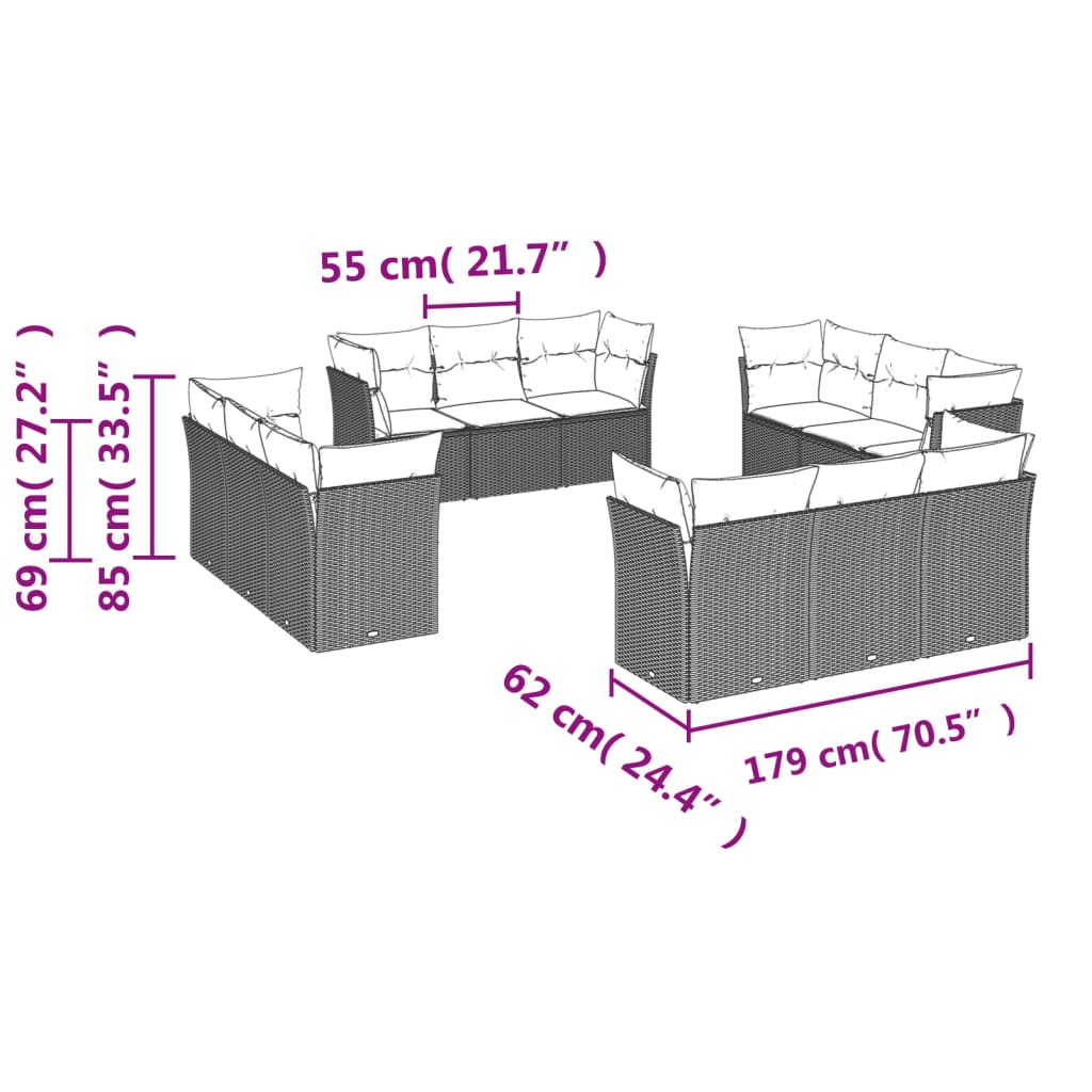 Salon de jardin avec coussins 12 pcs gris résine tressée