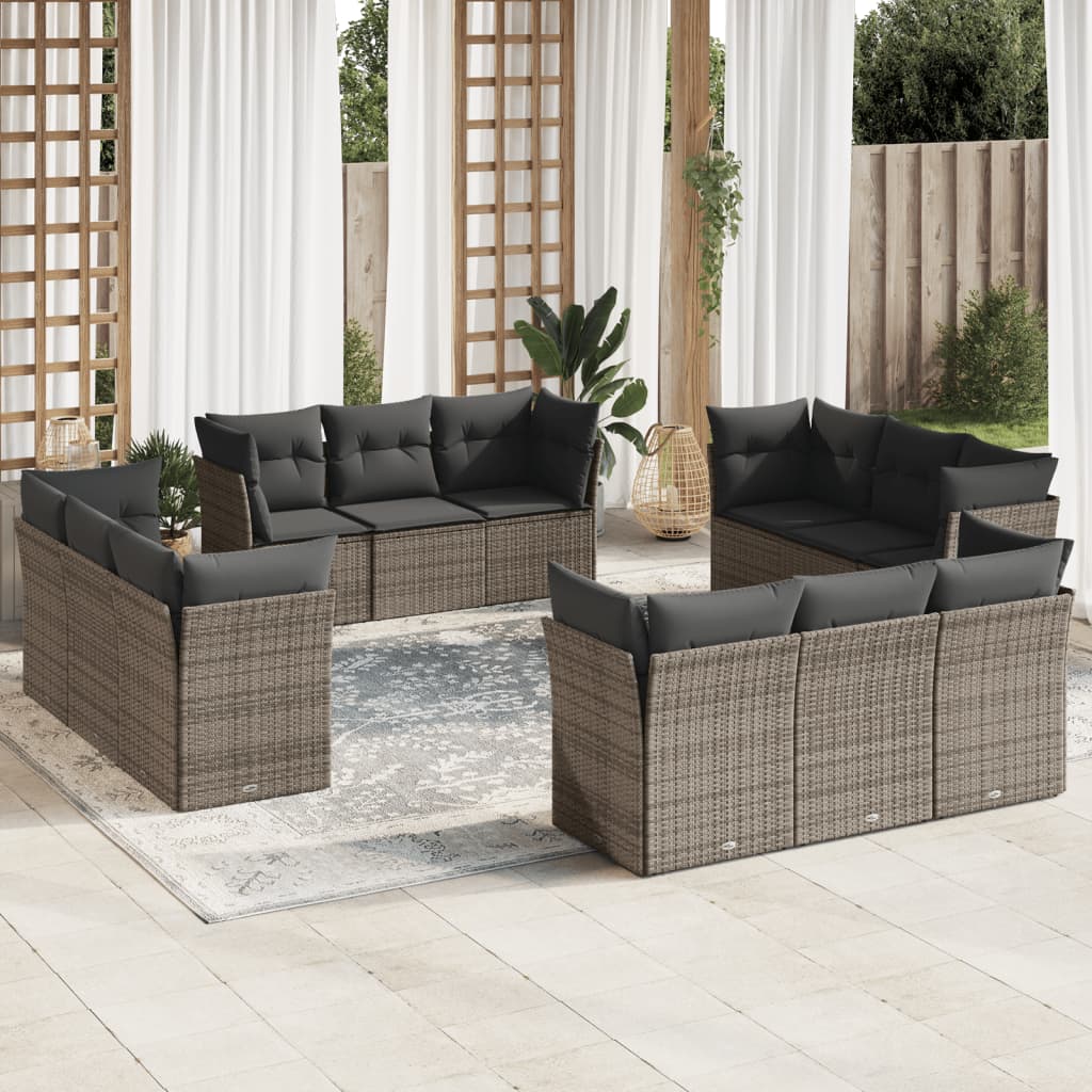 Salon de jardin avec coussins 12 pcs gris résine tressée