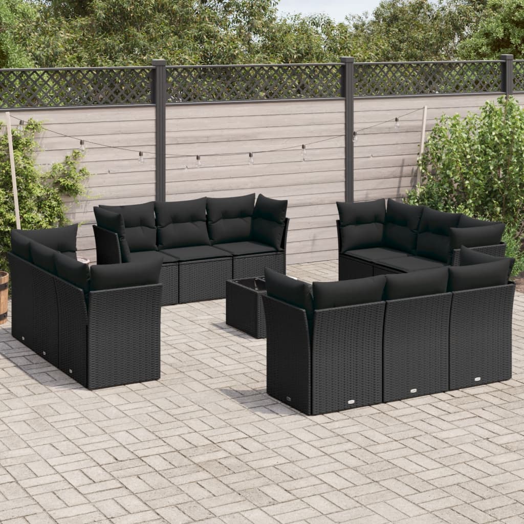 Salon de jardin avec coussins 13 pcs noir résine tressée