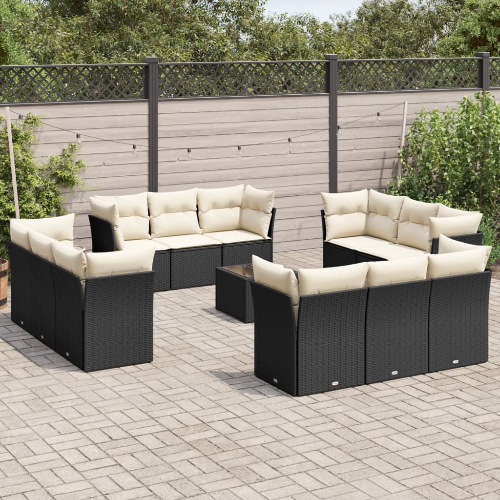 Salon de jardin avec coussins 13 pcs noir résine tressée