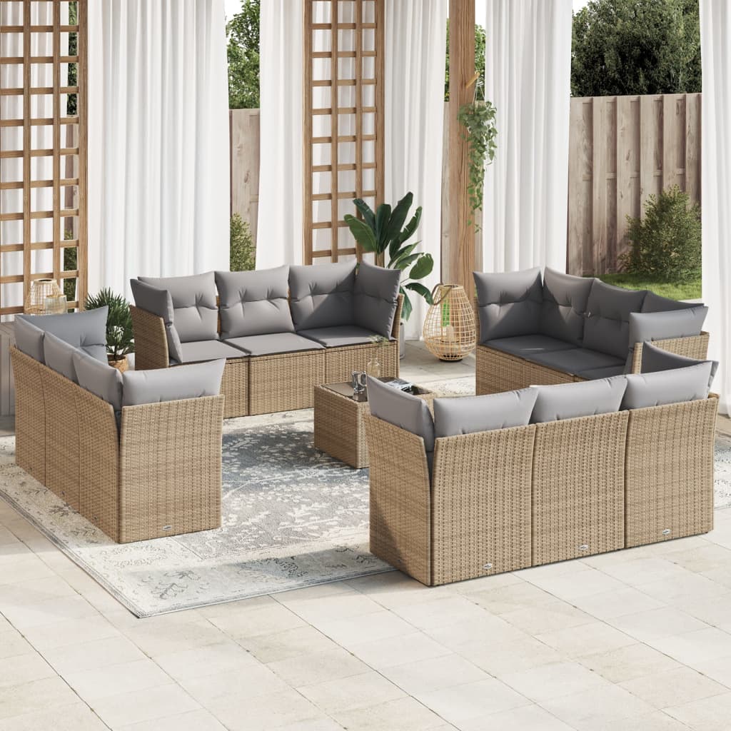 Salon de jardin avec coussins 13 pcs beige résine tressée