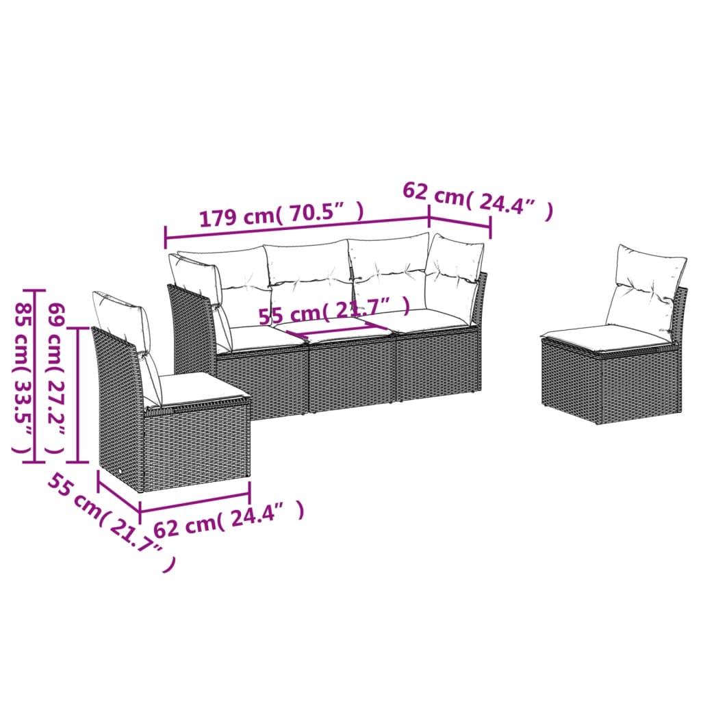 Salon de jardin avec coussins 5 pcs marron résine tressée