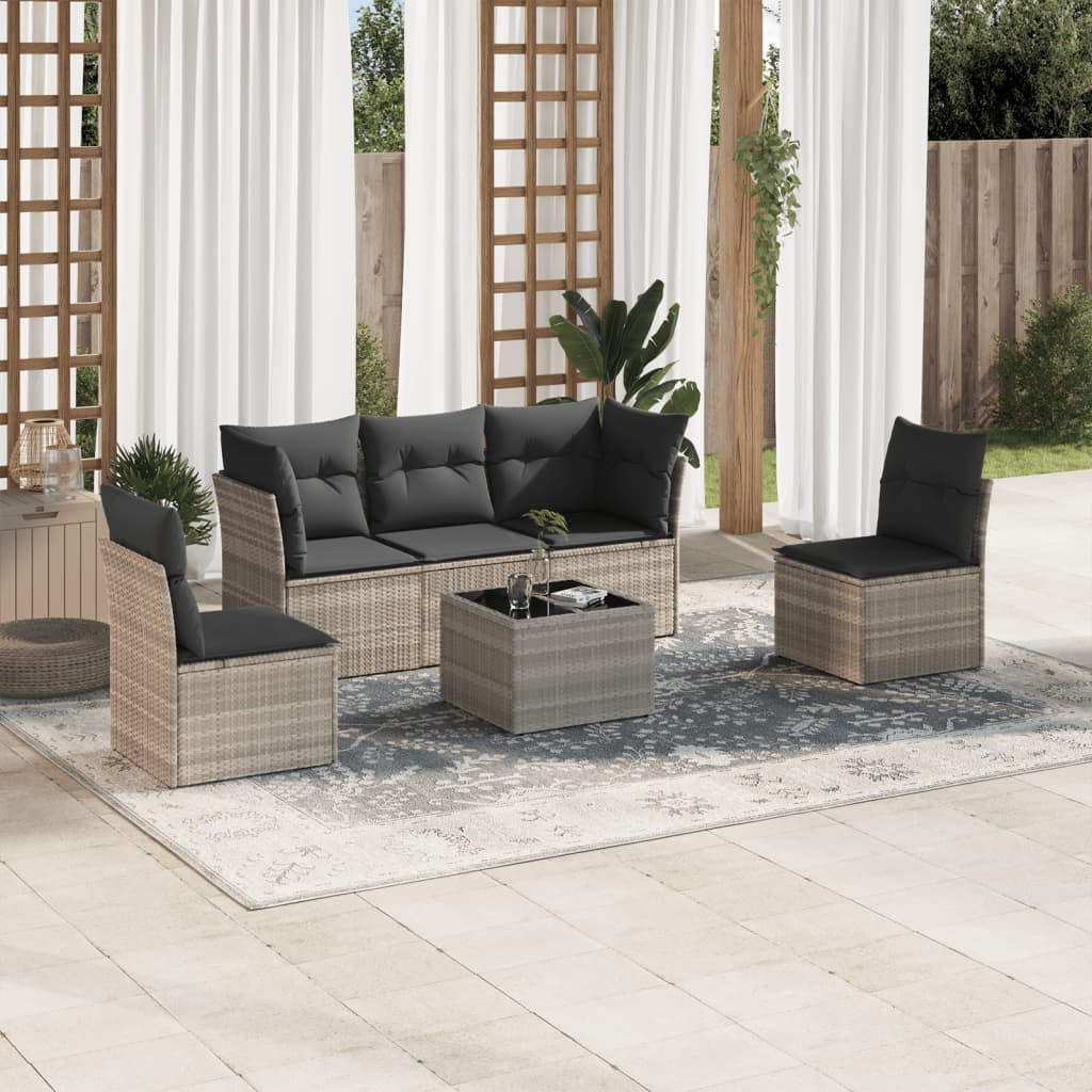 Salon de jardin 6 pcs avec coussins gris clair résine tressée