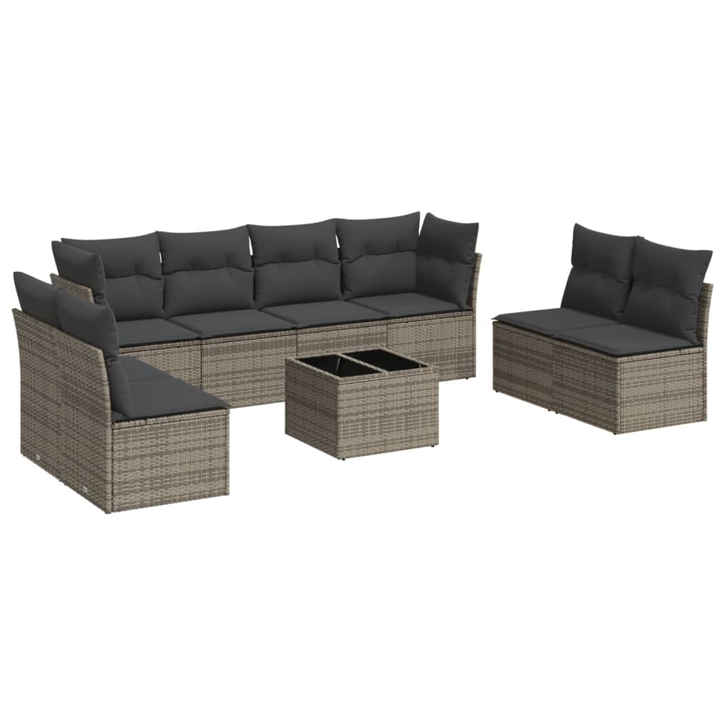 9-piece garden furniture set with grey cushions in woven resin