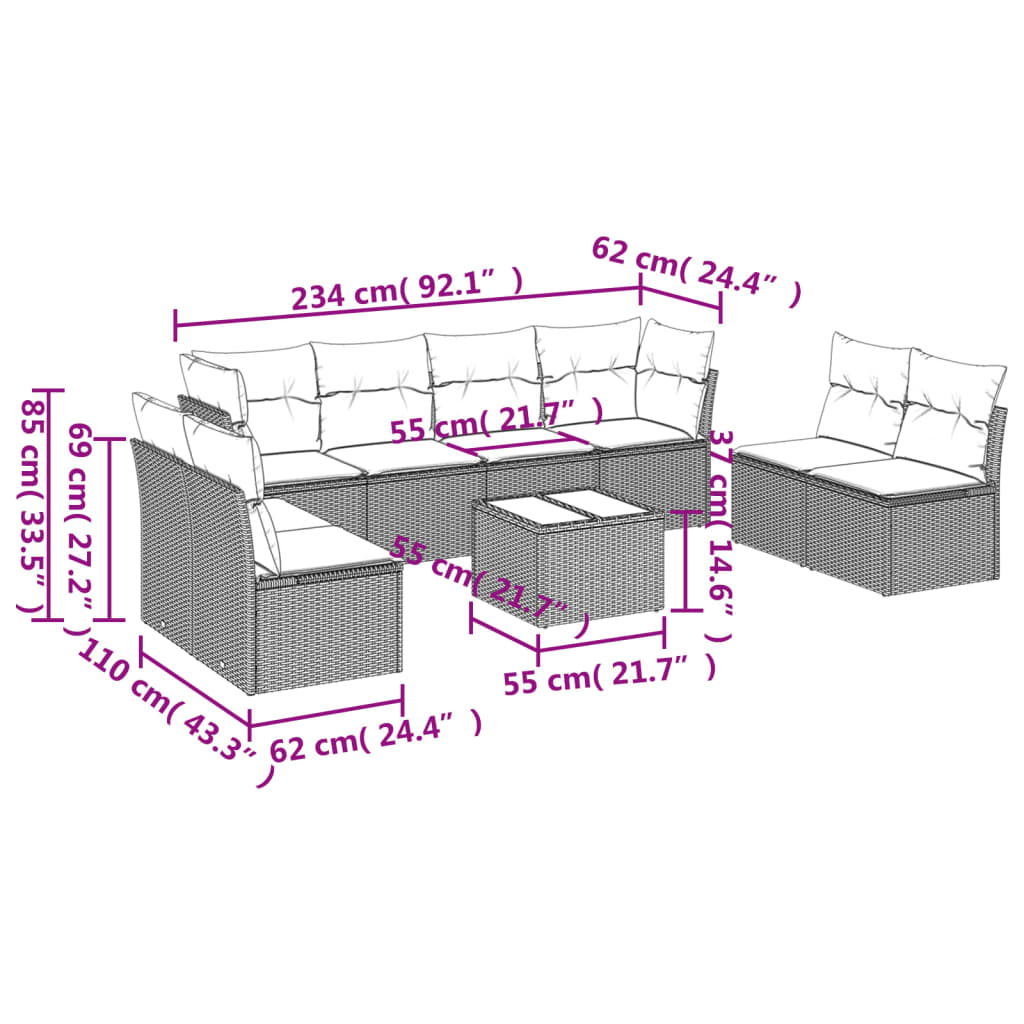 9-piece garden furniture set with grey cushions in woven resin