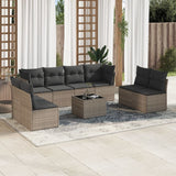 9-piece garden furniture set with grey cushions in woven resin