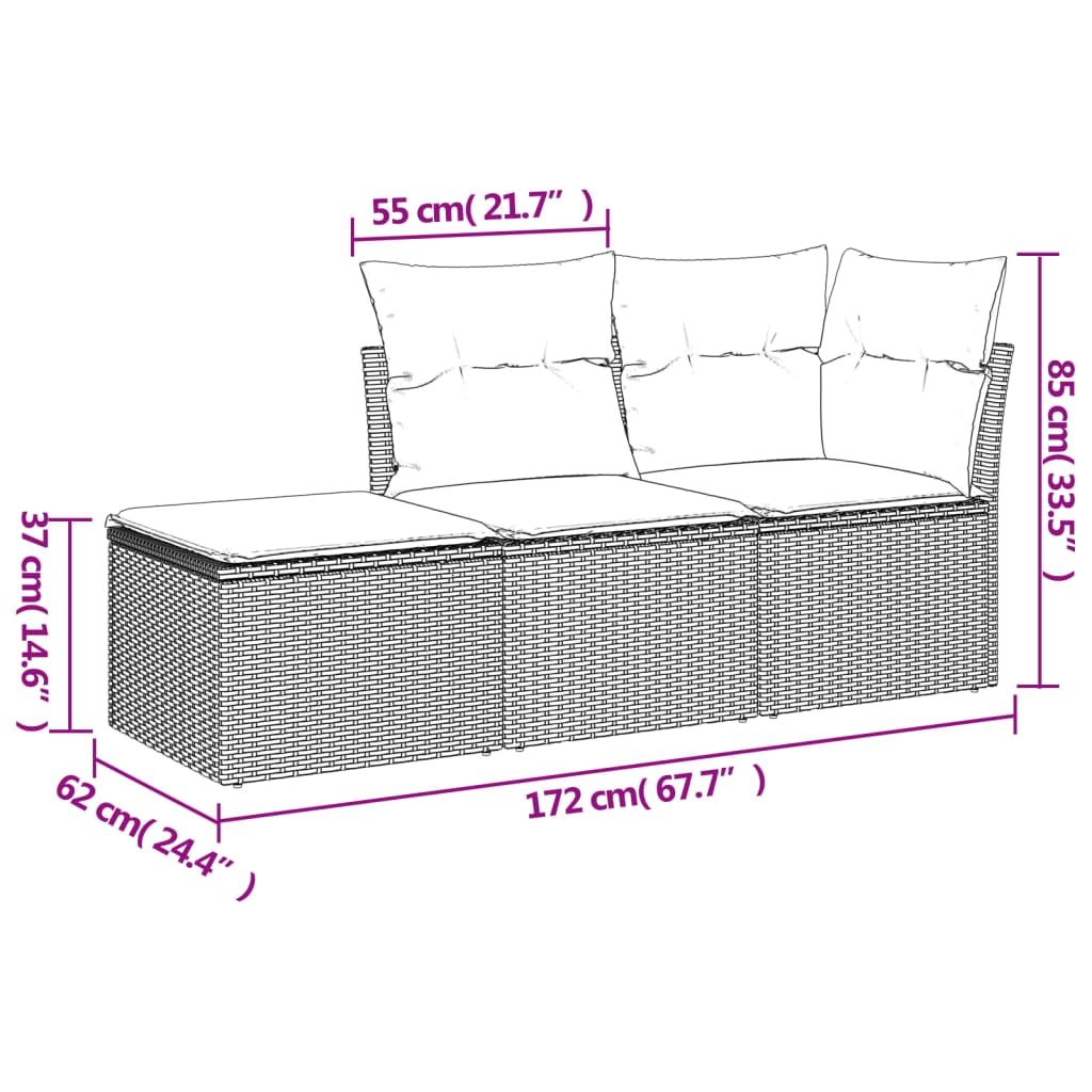 Salon de jardin avec coussins 3 pcs gris résine tressée