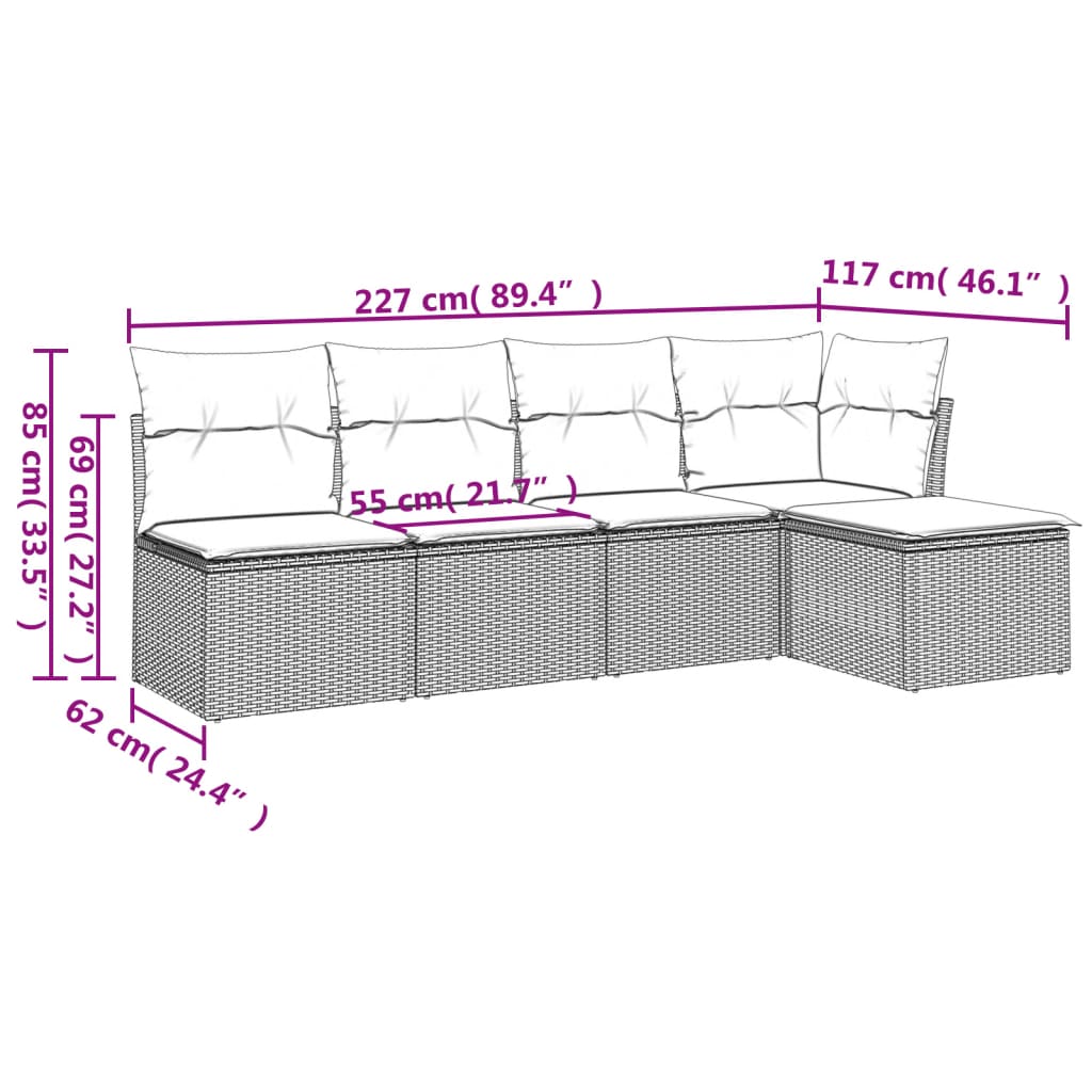 Salon de jardin avec coussins 5 pcs marron résine tressée