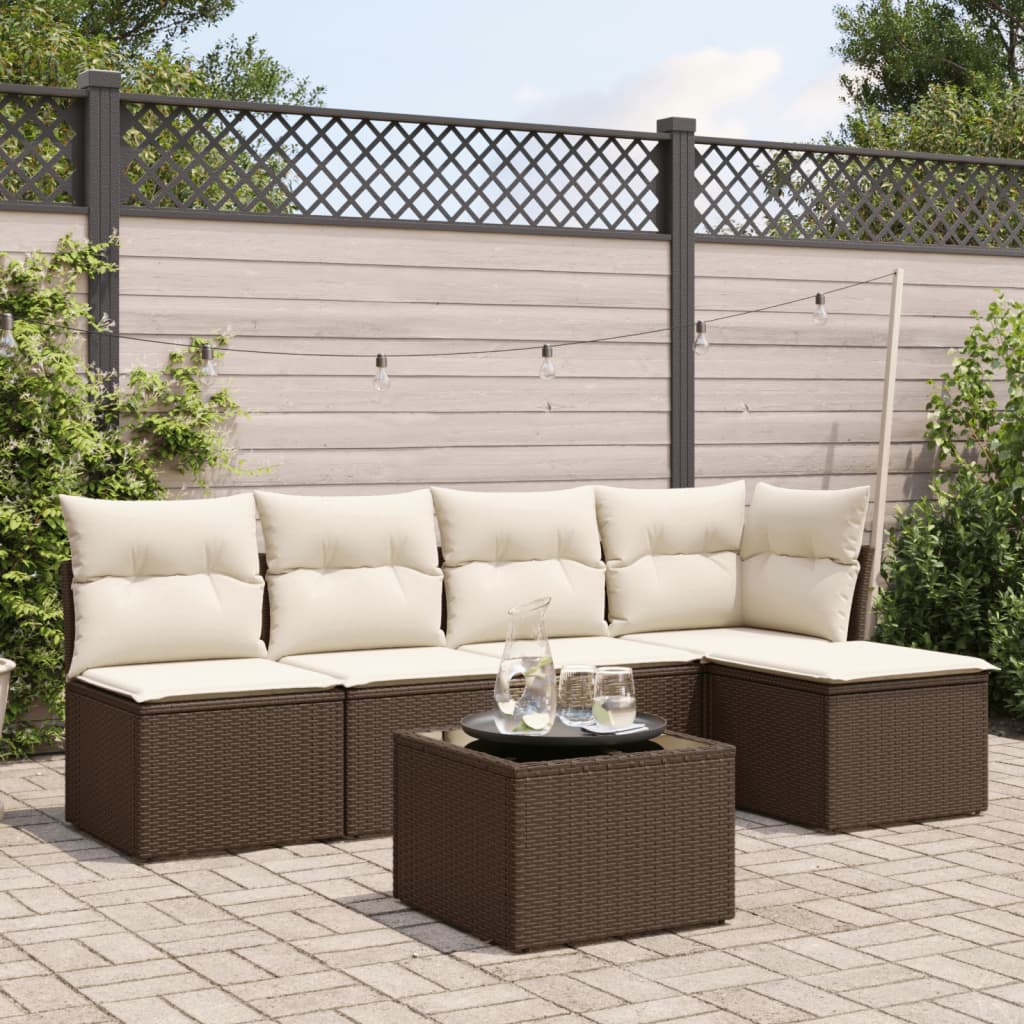 Salon de jardin avec coussins 6 pcs marron résine tressée