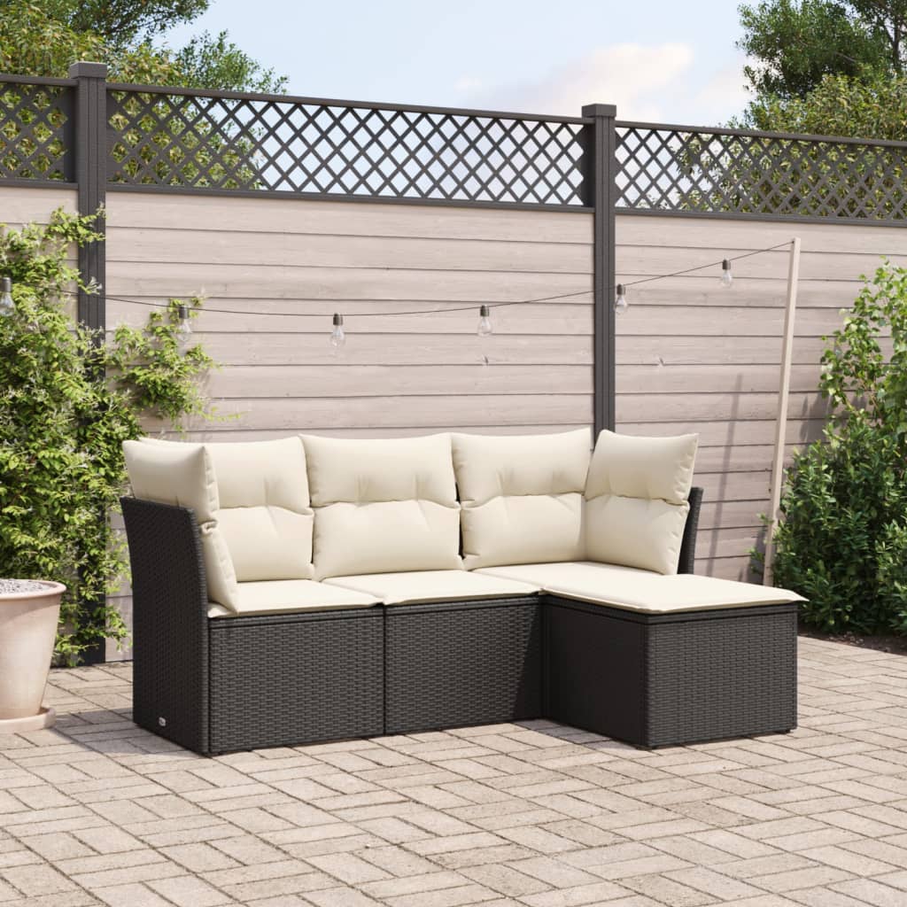 Salon de jardin 4 pcs avec coussins noir résine tressée