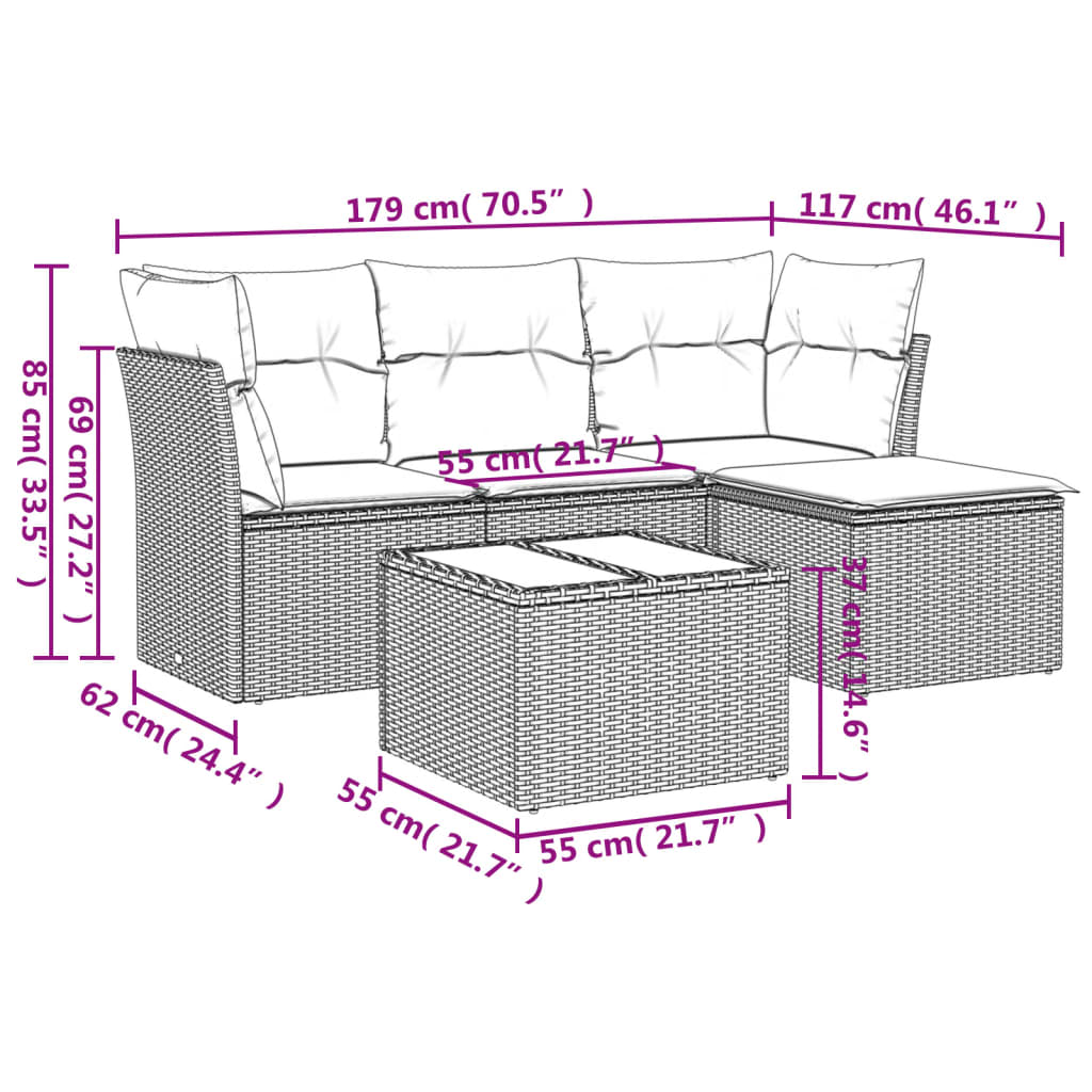 Garden furniture set with cushions 5 pcs brown woven resin