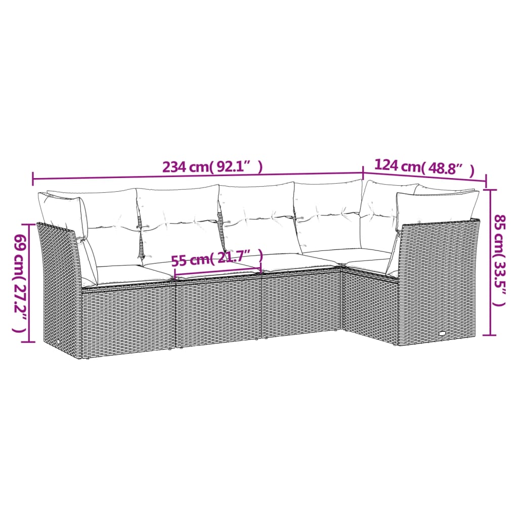 Salon de jardin avec coussins 5 pcs marron résine tressée