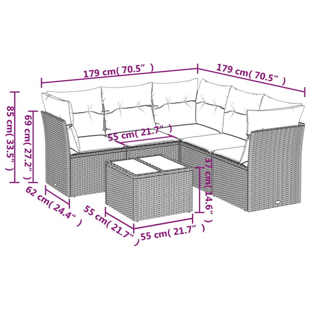 6-piece garden furniture set with black cushions in woven resin