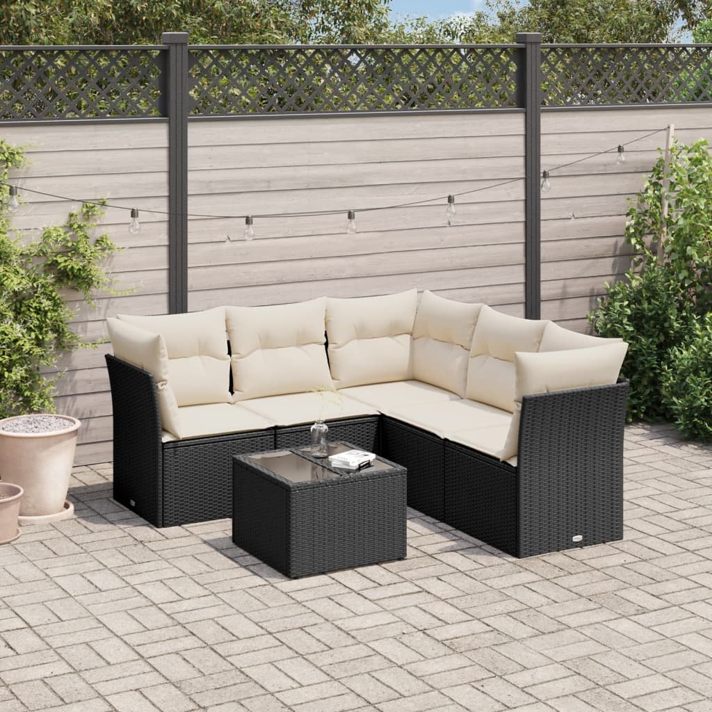 6-piece garden furniture set with black cushions in woven resin