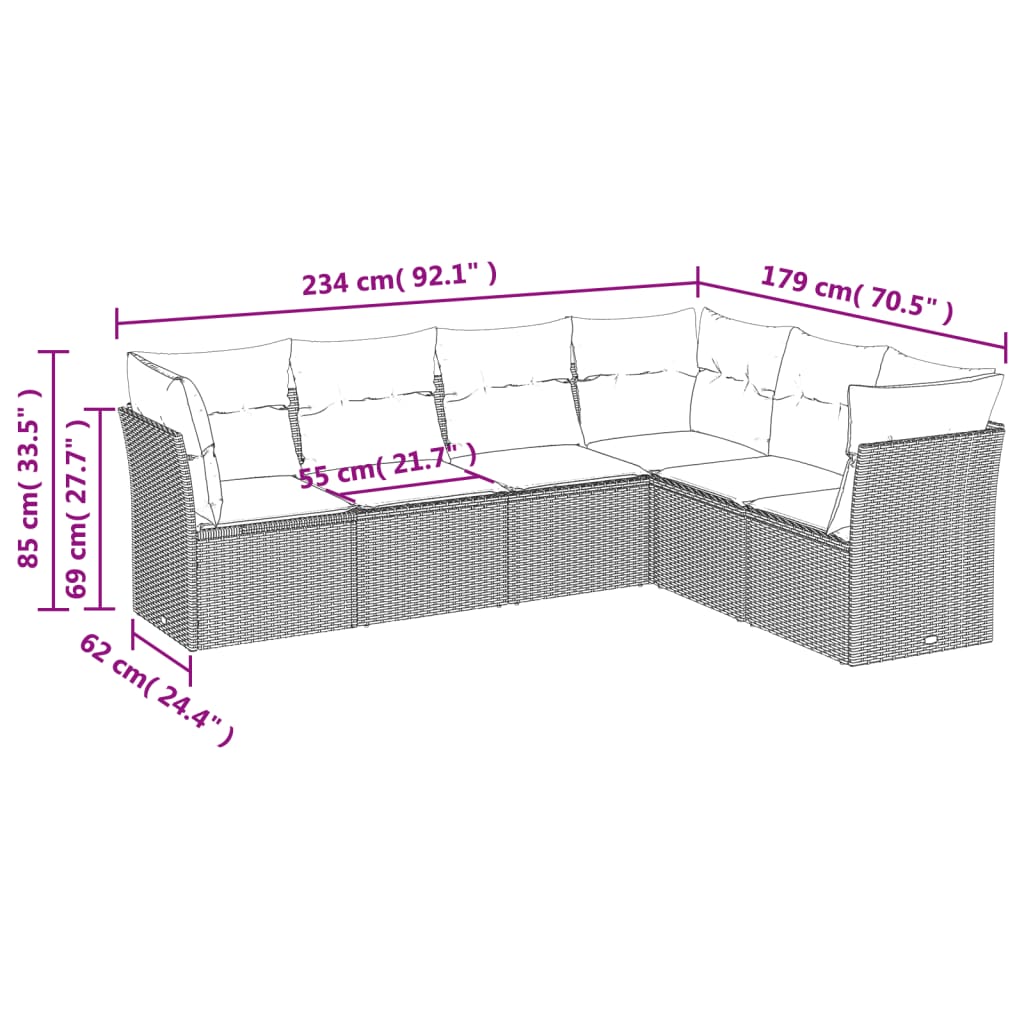 Salon de jardin avec coussins 6 pcs marron résine tressée