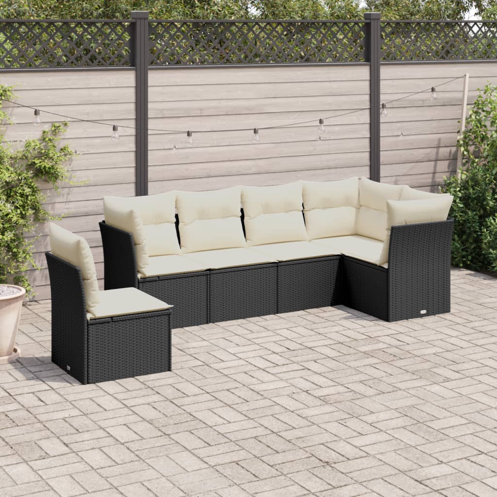 Salon de jardin 6 pcs avec coussins noir résine tressée