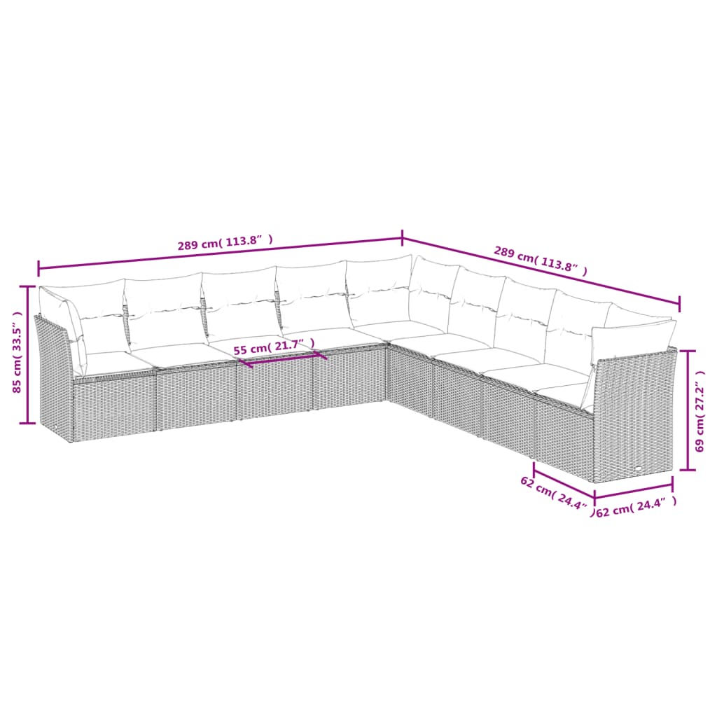 Salon de jardin avec coussins 9 pcs beige résine tressée