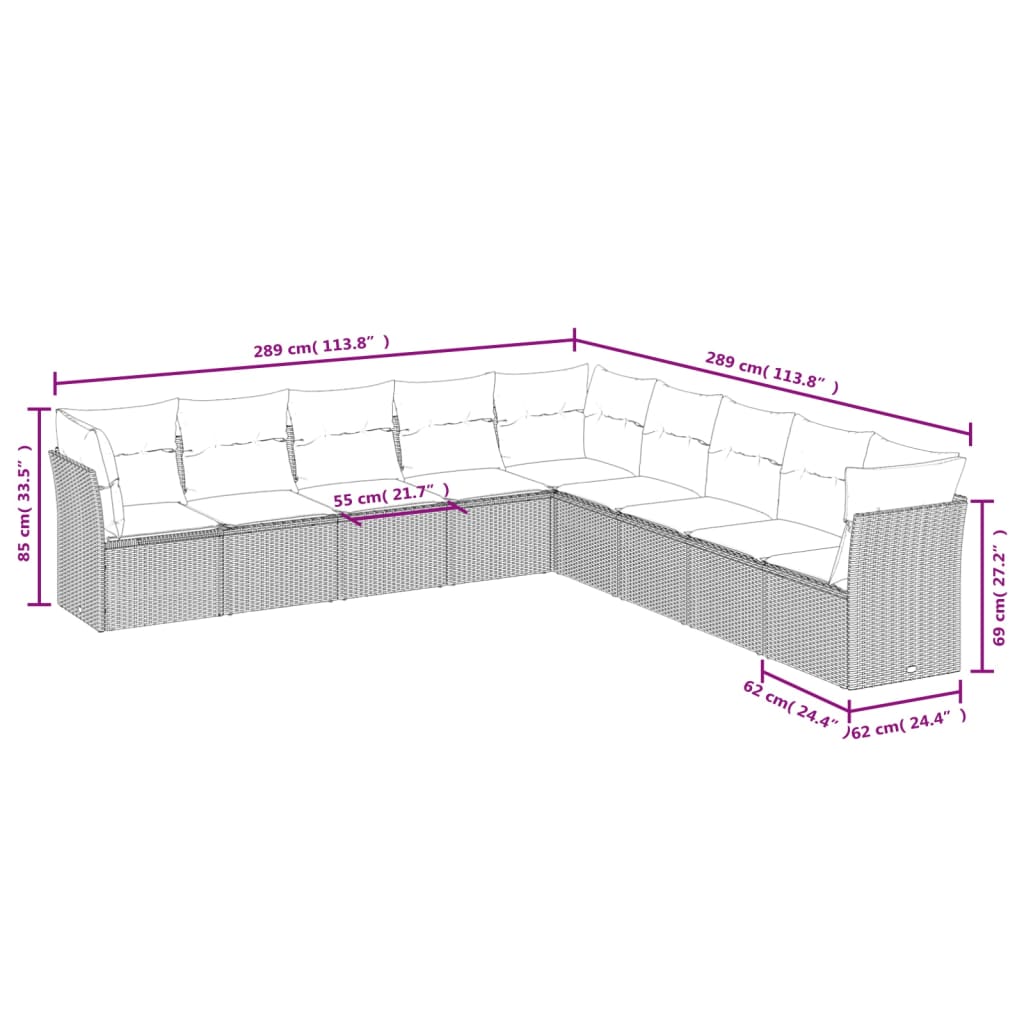 9-piece garden furniture set with grey cushions in woven resin